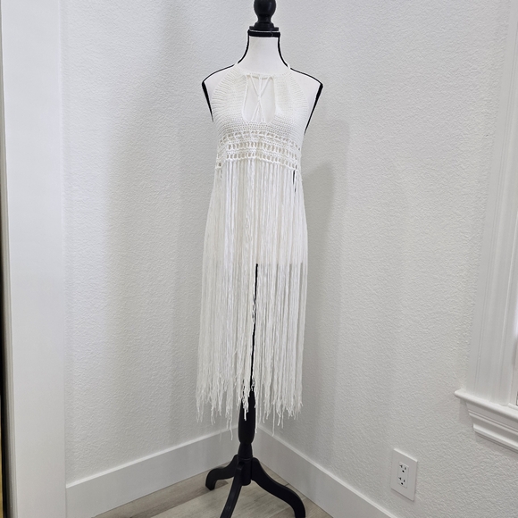 Shein White Swimwear Cover Up Tunic Sundress Frindge Knitted Size Small - Picture 2 of 9